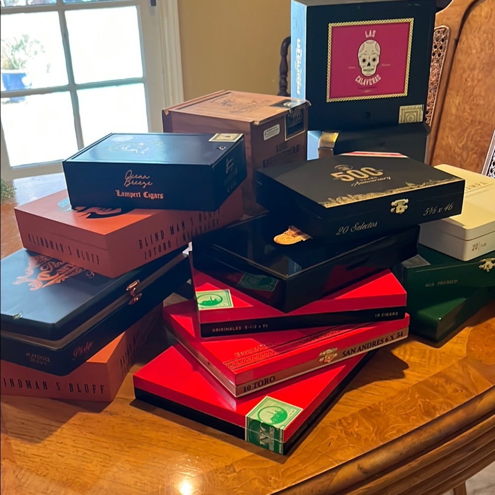 Lot of 21 Gorgeous Handmade Wooden Cigar Boxes, Assorted Sizes, Colors